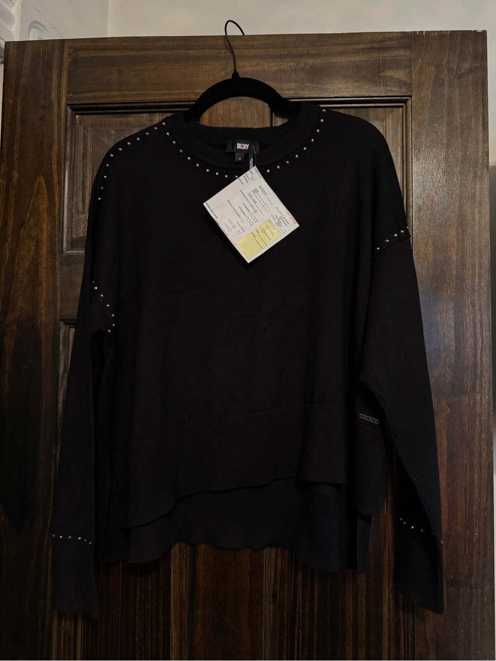 DKNY Black Stud-Trim Layered Hem Sweater